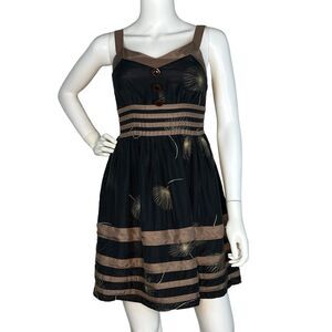 Anthropologie Burlapp Sz 2 Fit Flare 100% Silk Smocked Back Dress Black Beige